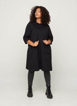 Printad sweatklänning med 3/4 ärmar, Black, Model image number 3