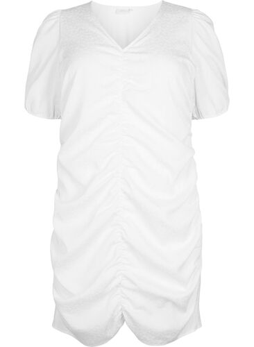 Kortärmad klänning med drapering och struktur, Bright White, Packshot image number 0