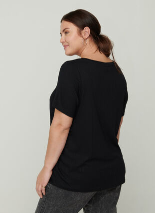 Enfärgad ribbad t-shirt med korta ärmar, Black, Model image number 1