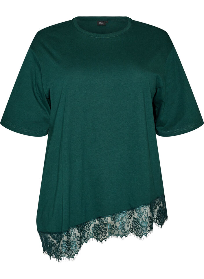 T-shirt med asymmetrisk spetskant, Gr&ouml;n, Packshot image number 0