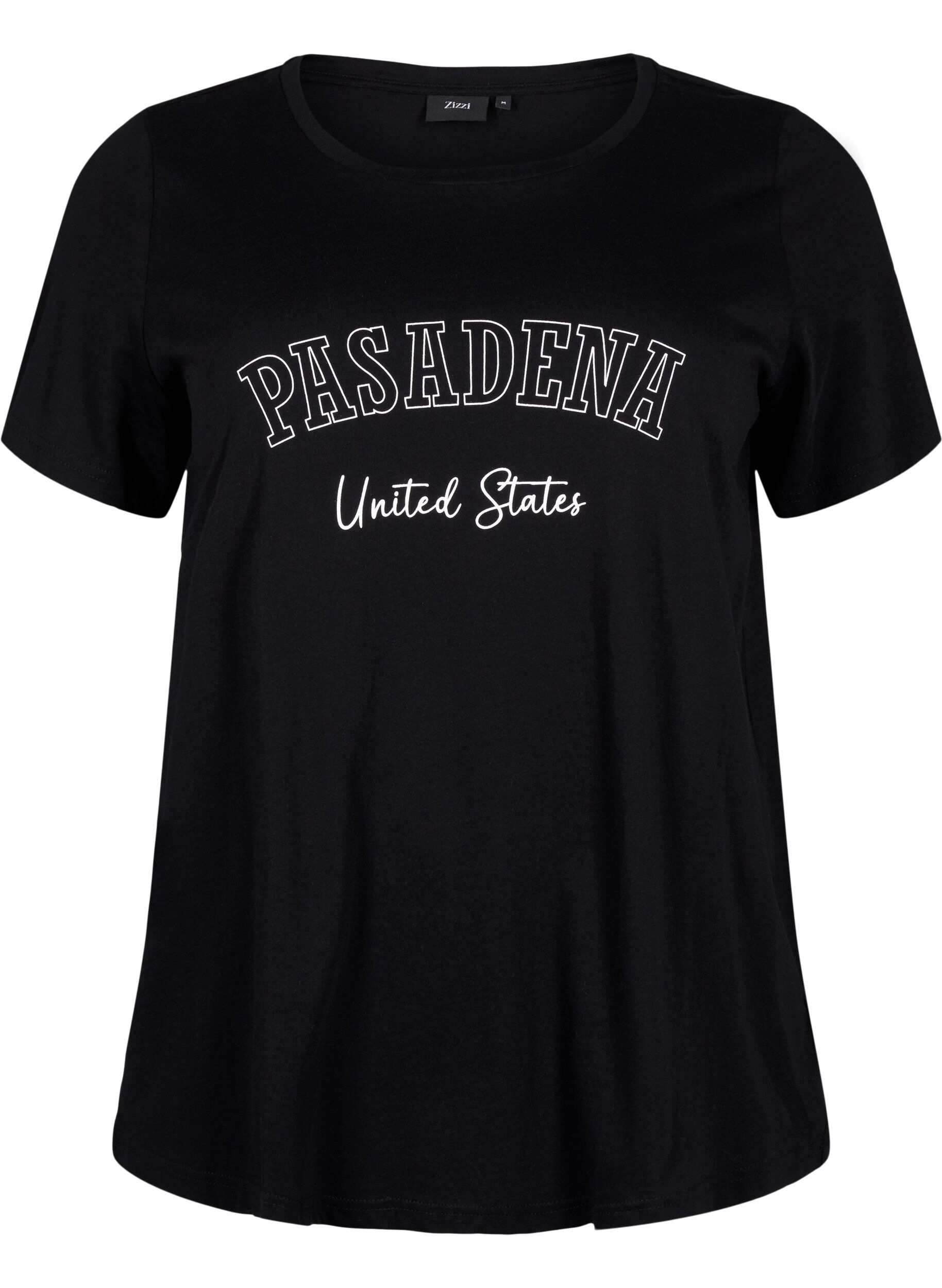 Zizzi T-shirt i bomull med text, Black W. Pasadena, Packshot image number 0