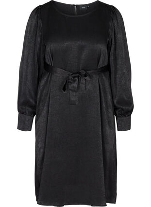 Klänning med struktur och puffärmar, Black, Packshot image number 0
