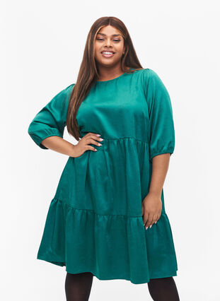 Klänning med ryggdetalj och 3/4-ärmar, Evergreen, Model image number 0