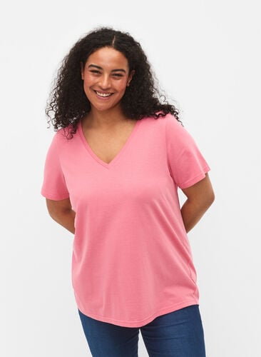 Kortärmad t-shirt med v-hals, Bubblegum Pink, Model image number 0