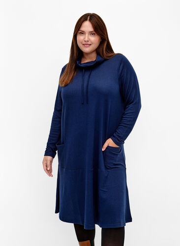 Jerseyklänning med hög hals och fickor, Dress Blues Mel., Model image number 0