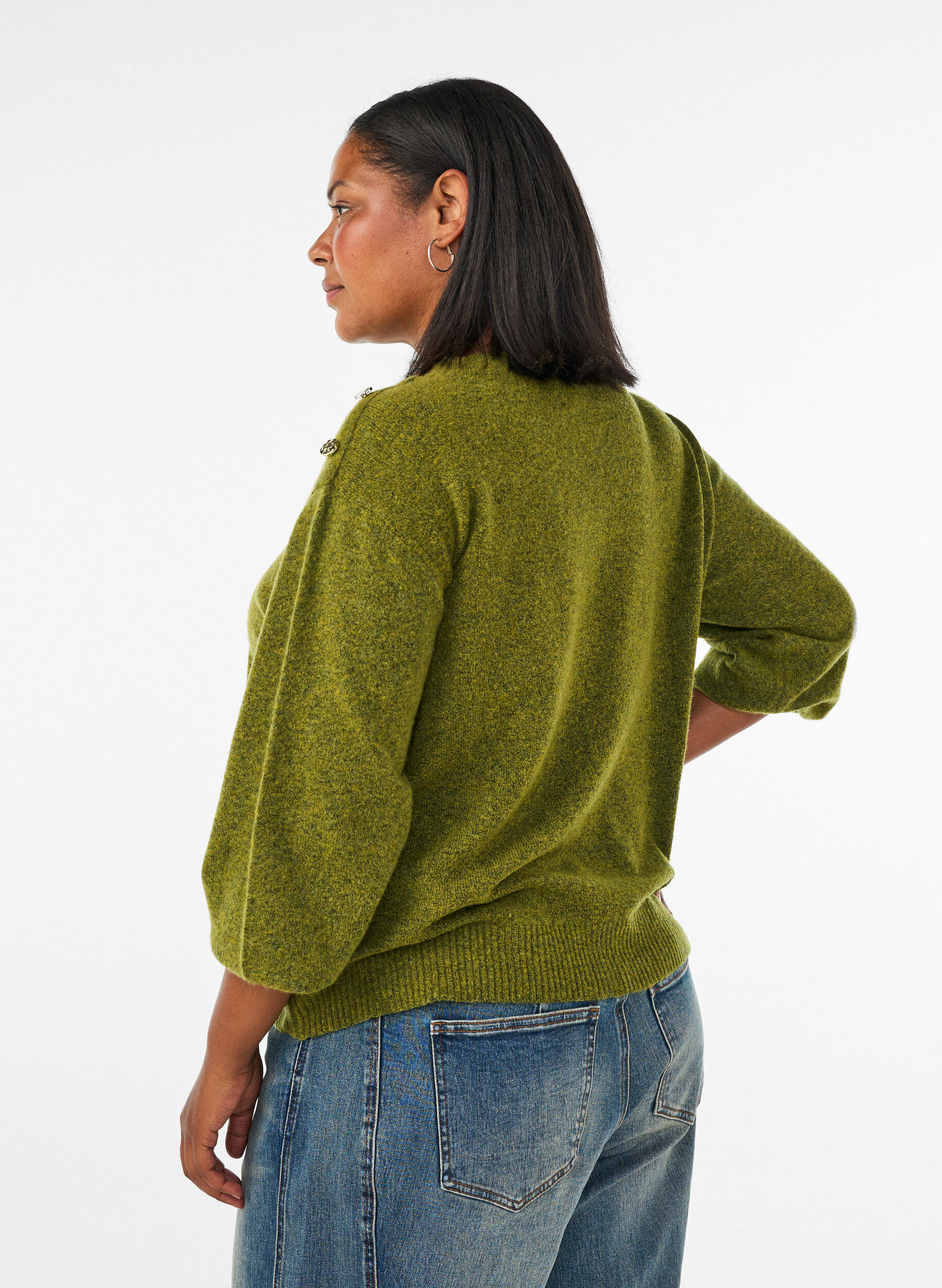 ZizziStickad blus med knappdetalj, Gr&ouml;n, Model image number 2
