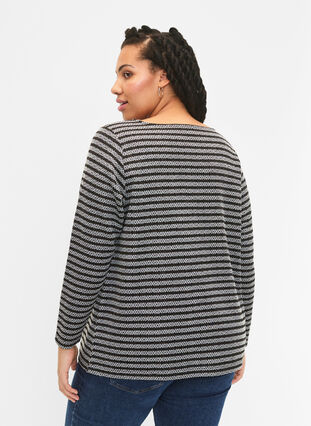 Rundhalsad blus med randigt mönster, Black Stripe, Model image number 1