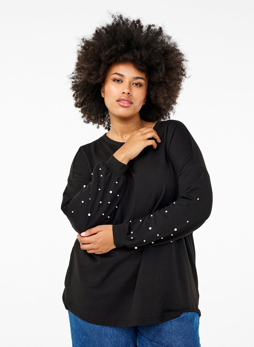 Enfärgad blus med pärlor, Black, Model image number 0