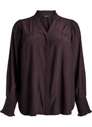 Blus med volangkrage och rynkning, Brun