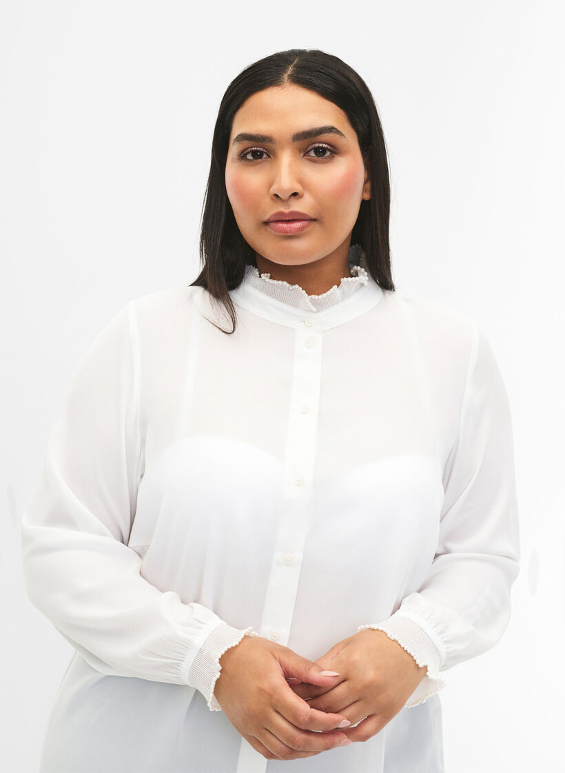 Skjortblus med volangdetaljer, Bright White, Model image number 3