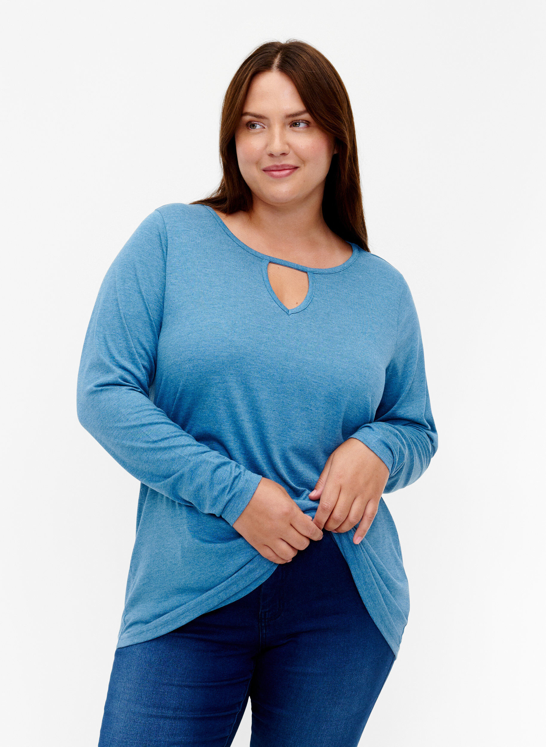 Zizzi L&aring;ng&auml;rmad melerad blus, Legion Blue Mel., Model image number 0