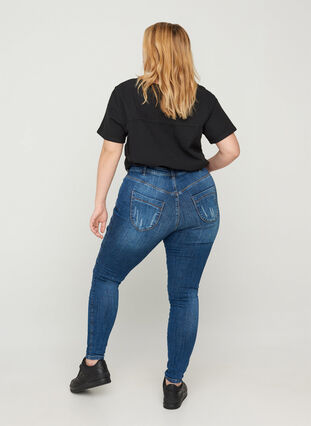 Amy jeans med hög midja och slitna detaljer, Blue denim, Model image number 1