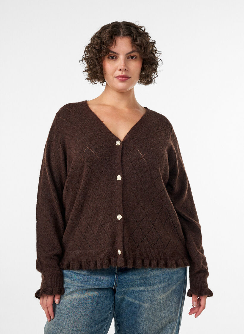 Cardigan med harlekinm&ouml;nster och v-ringning, Brun, Model image number 0