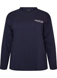 L&aring;ng&auml;rmad blus i jersey med texttryck, Bl&aring;
