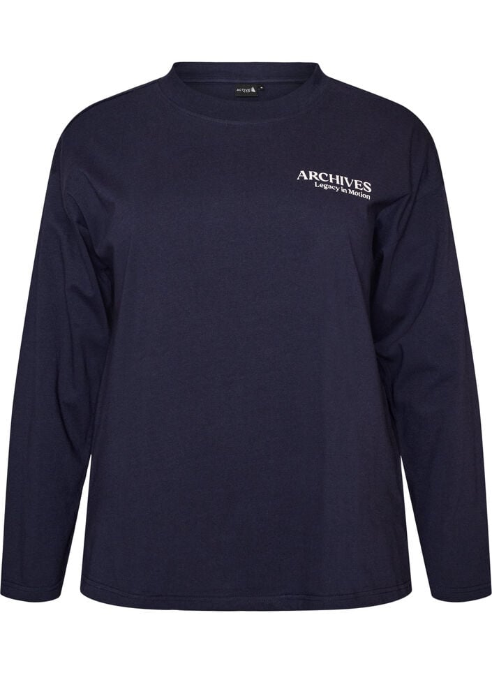 L&aring;ng&auml;rmad blus i jersey med texttryck, Bl&aring;, Packshot image number 0