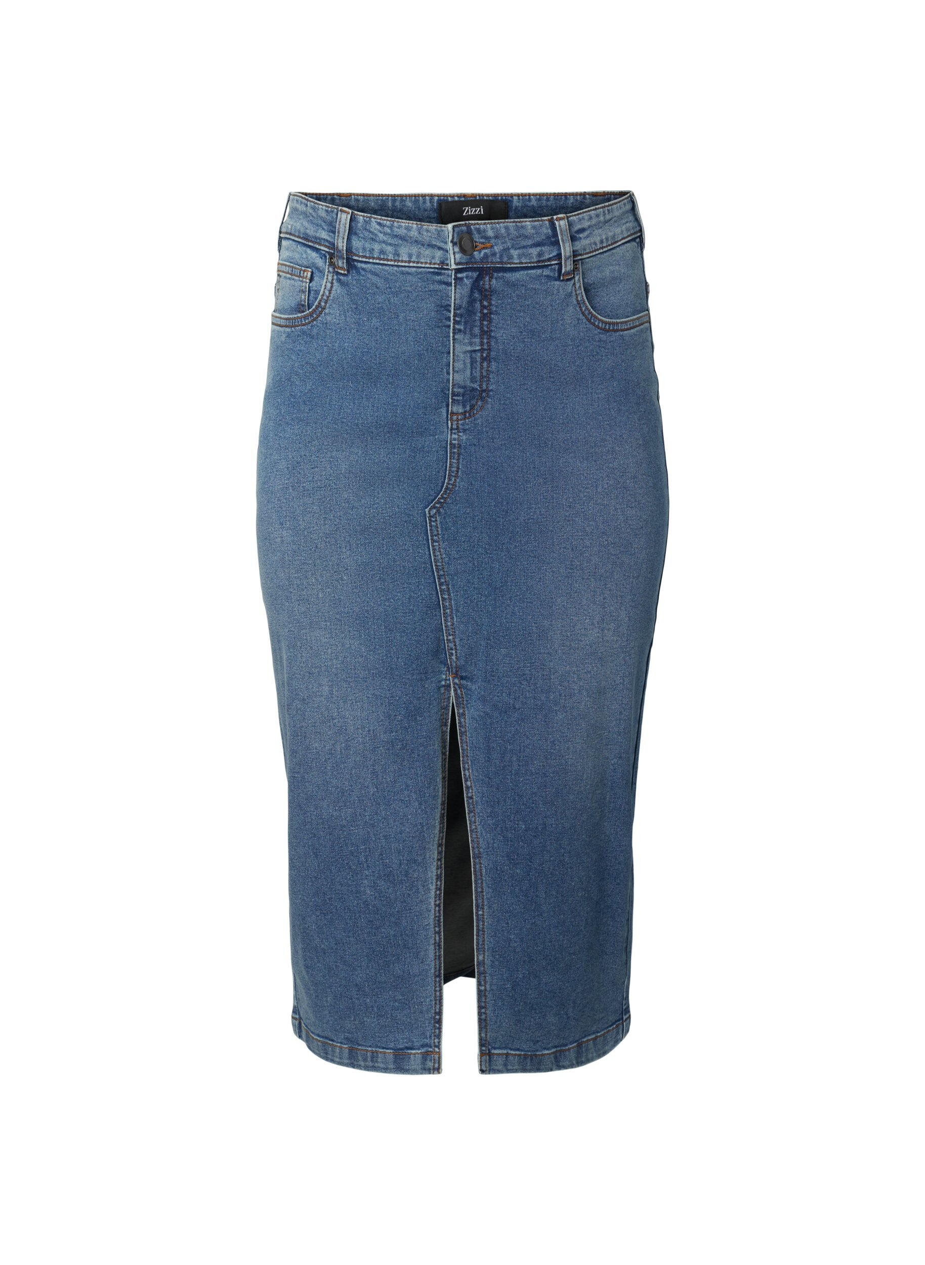 Zizzi Jeanskjol med slits framtill, Blue denim, Packshot image number 0