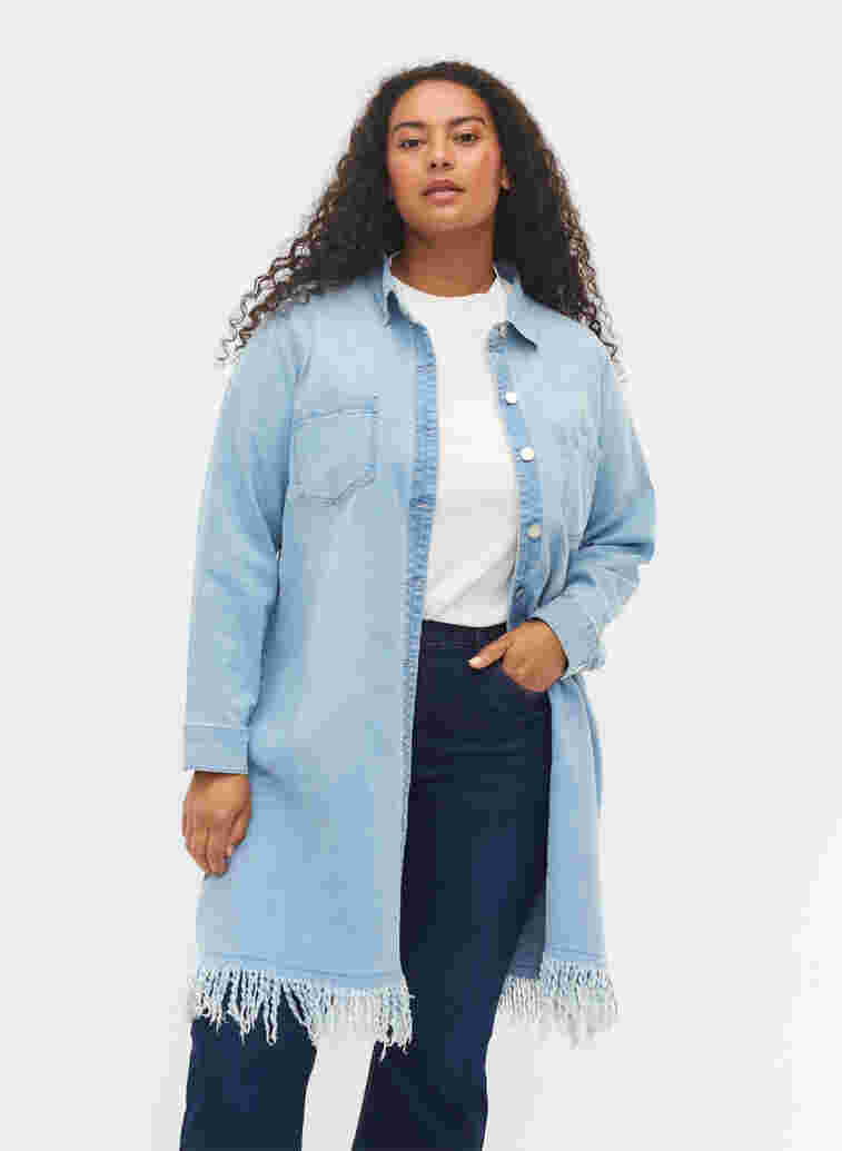 Jeansklänning med fransar och knappar framtill, Light blue denim, Model image number 0
