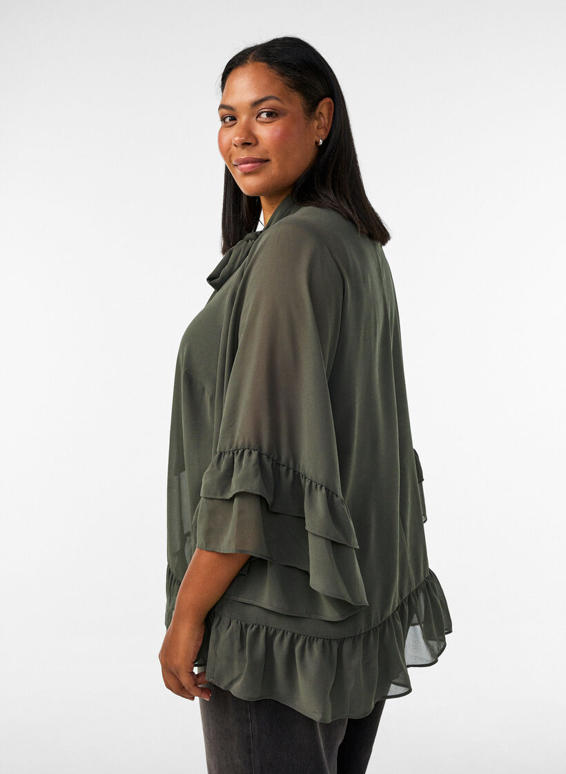Blus med knytband och volangdetaljer, Gr&aring;, Model image number 2