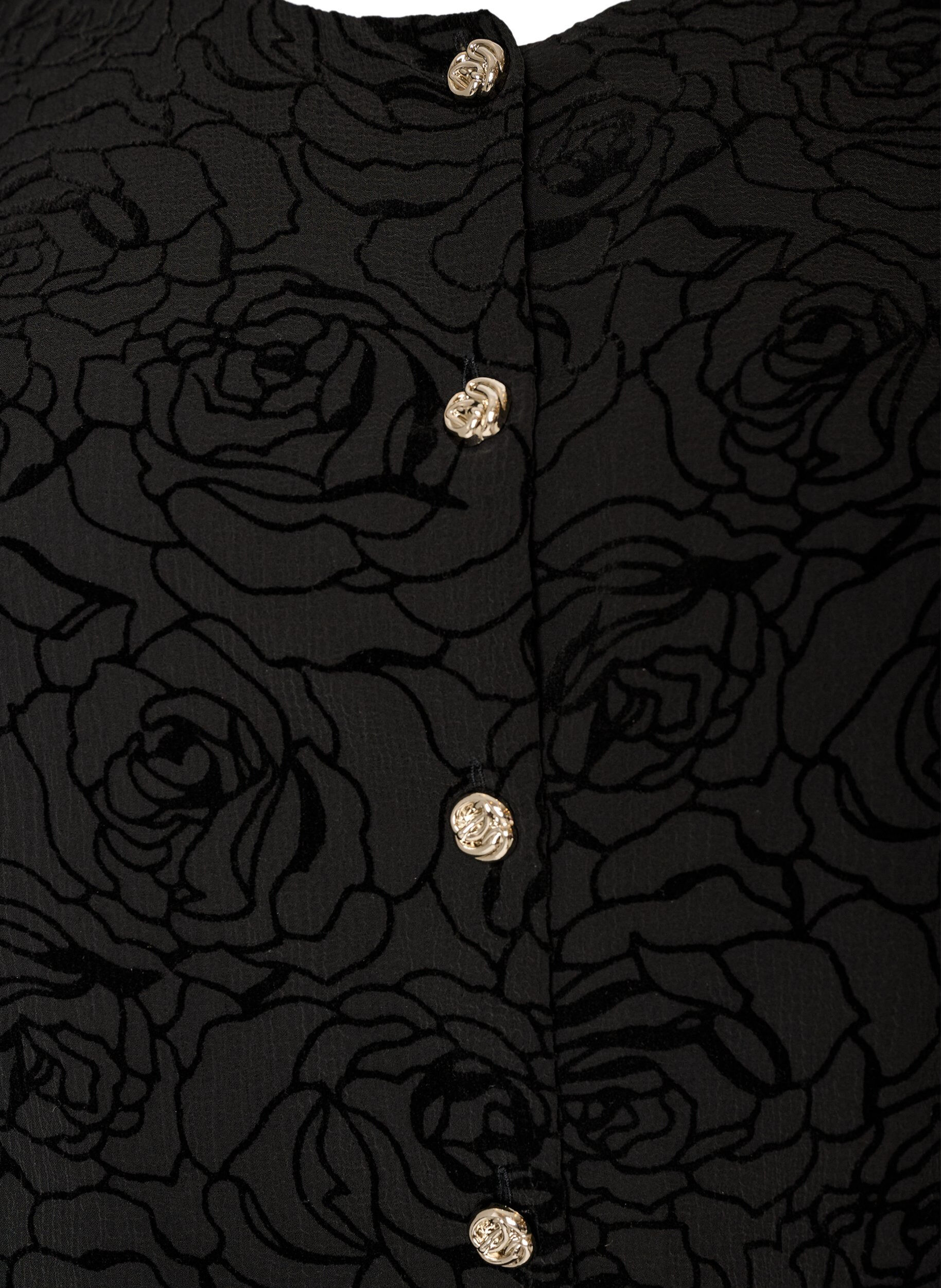 ZizziBlus med blommigt m&ouml;nster och ballong&auml;rmar, Svart, Packshot image number 2