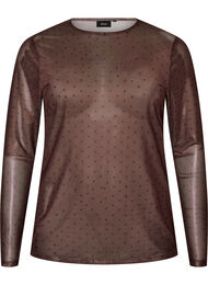 Blus i mesh med tryck, Brun