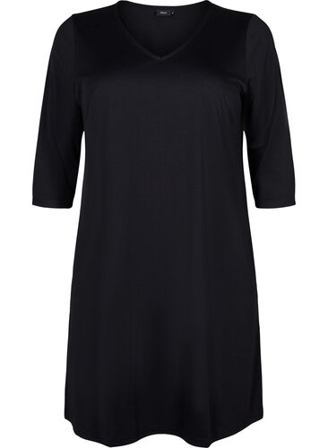Klänning i enfärgad färg med v-hals och 3/4-ärmar, Black, Packshot image number 0