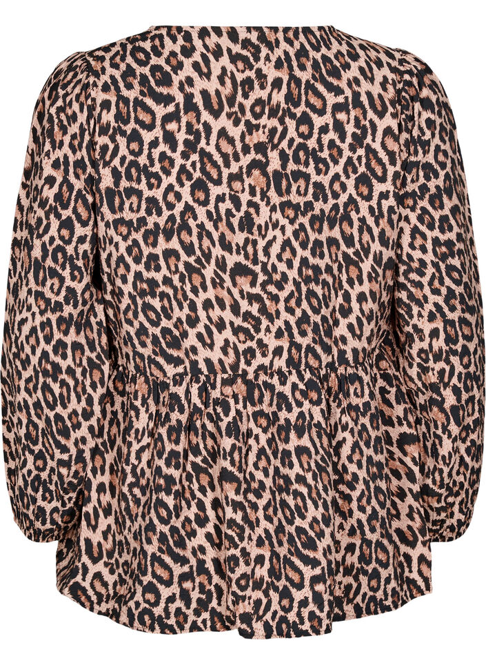 Peplum-blus med knyt och leopardmönster, Brun, Packshot image number 1