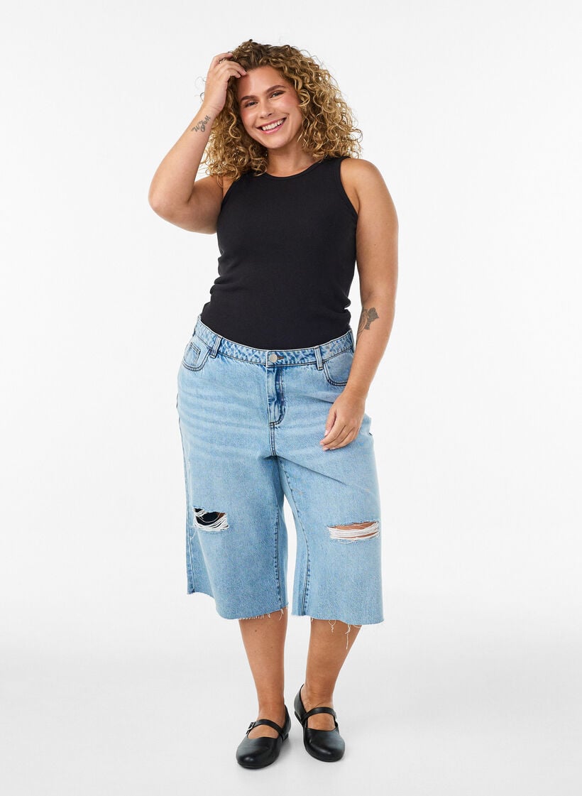 Ribbad topp i bomull med h&ouml;g hals, Svart, Model image number 1