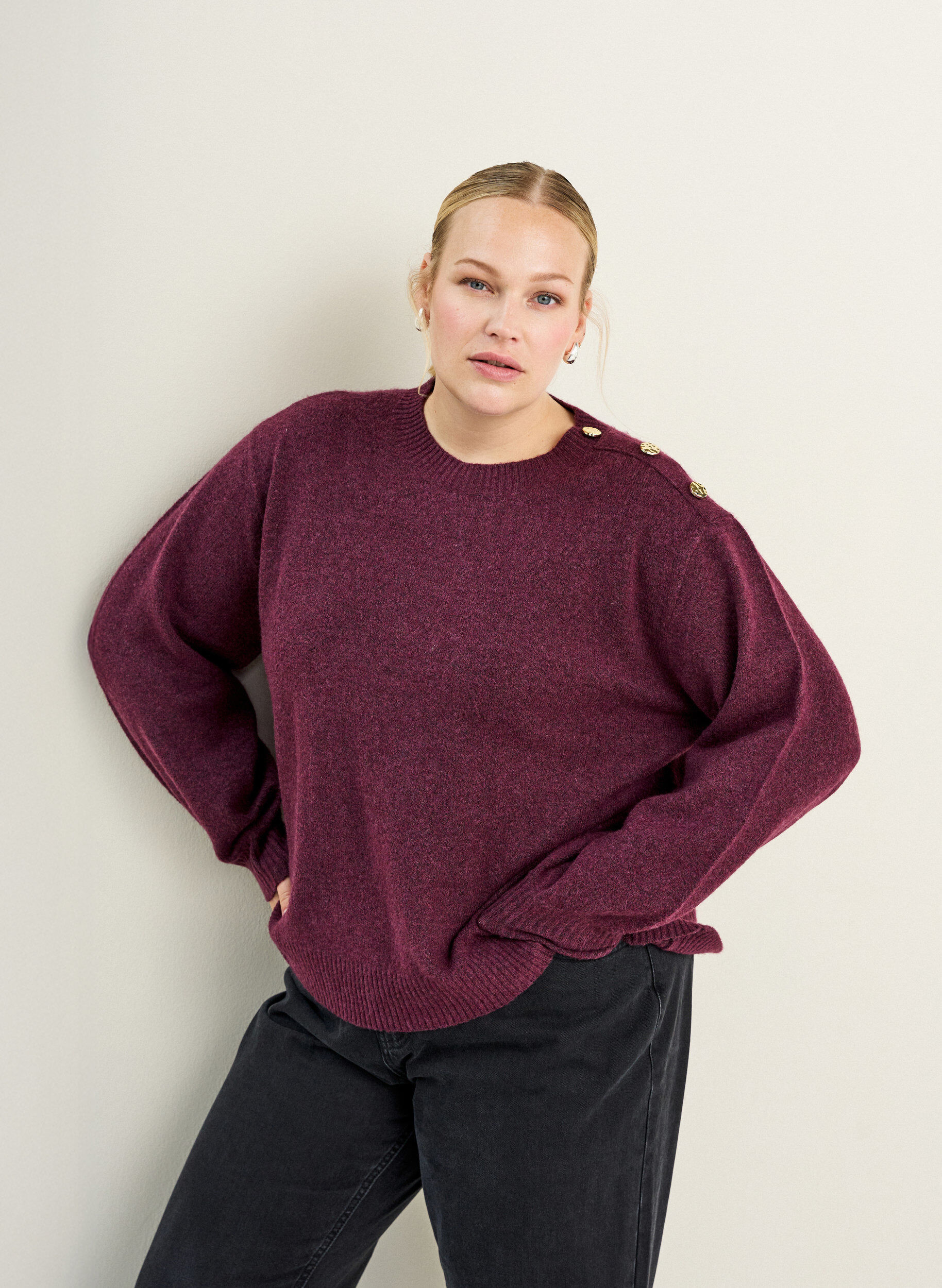 ZizziStickad blus med knappdetalj, M&ouml;rk Bordeaux, Image image number 0