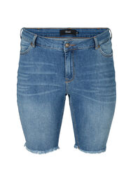 Jeansshorts i tajt modell med råa kanter, Dark blue denim