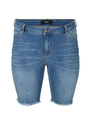 Jeansshorts i tajt modell med råa kanter, Dark blue denim, Packshot image number 0