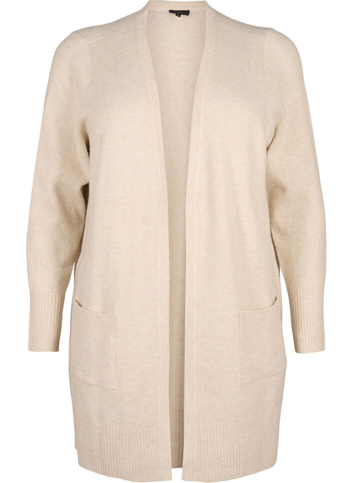 Ribbstickad kofta med fickor, Beige, Packshot image number 0