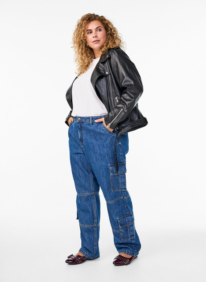 Bikerjacka i l&auml;der med sk&auml;rp, Svart, Model image number 1