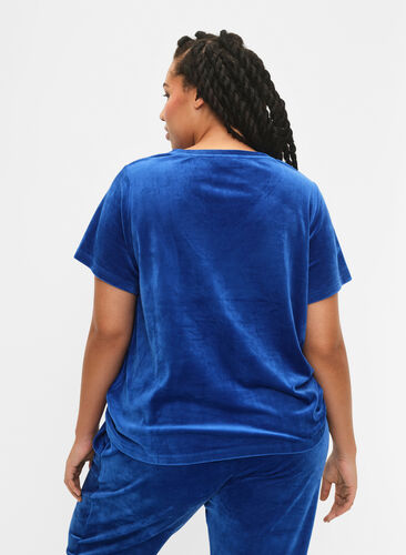V-ringad T-shirt i velour, Monaco Blue, Model image number 1