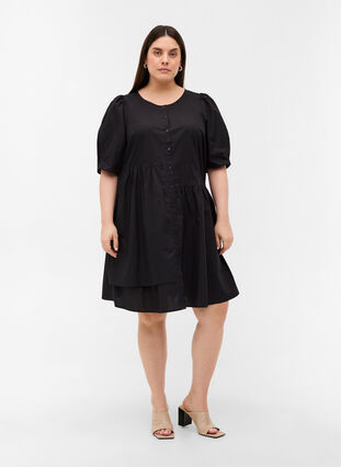 Skjortklänning i bomull med puffärmar, Black, Model image number 2