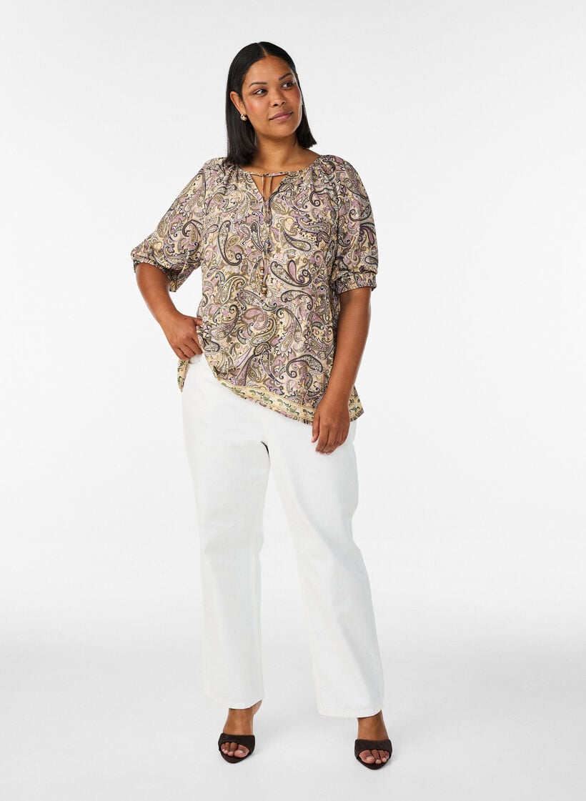 Blus i viskos med paisleym&ouml;nster och knytband, Gul, Model image number 1