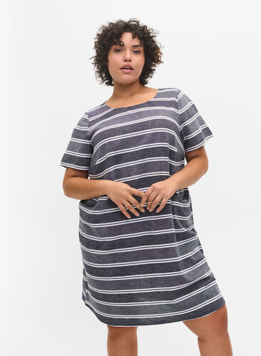 Randig klänning med korta ärmar, Blue Stripe, Model image number 0