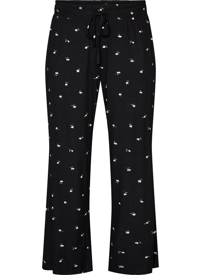 Pyjamasbyxor med ribbad struktur och blommigt m&ouml;nster, Svart, Packshot image number 0