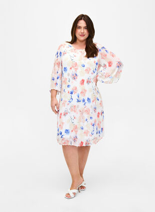 Plisserad klänning med mönster och knytband, White/Blue Floral, Model image number 2