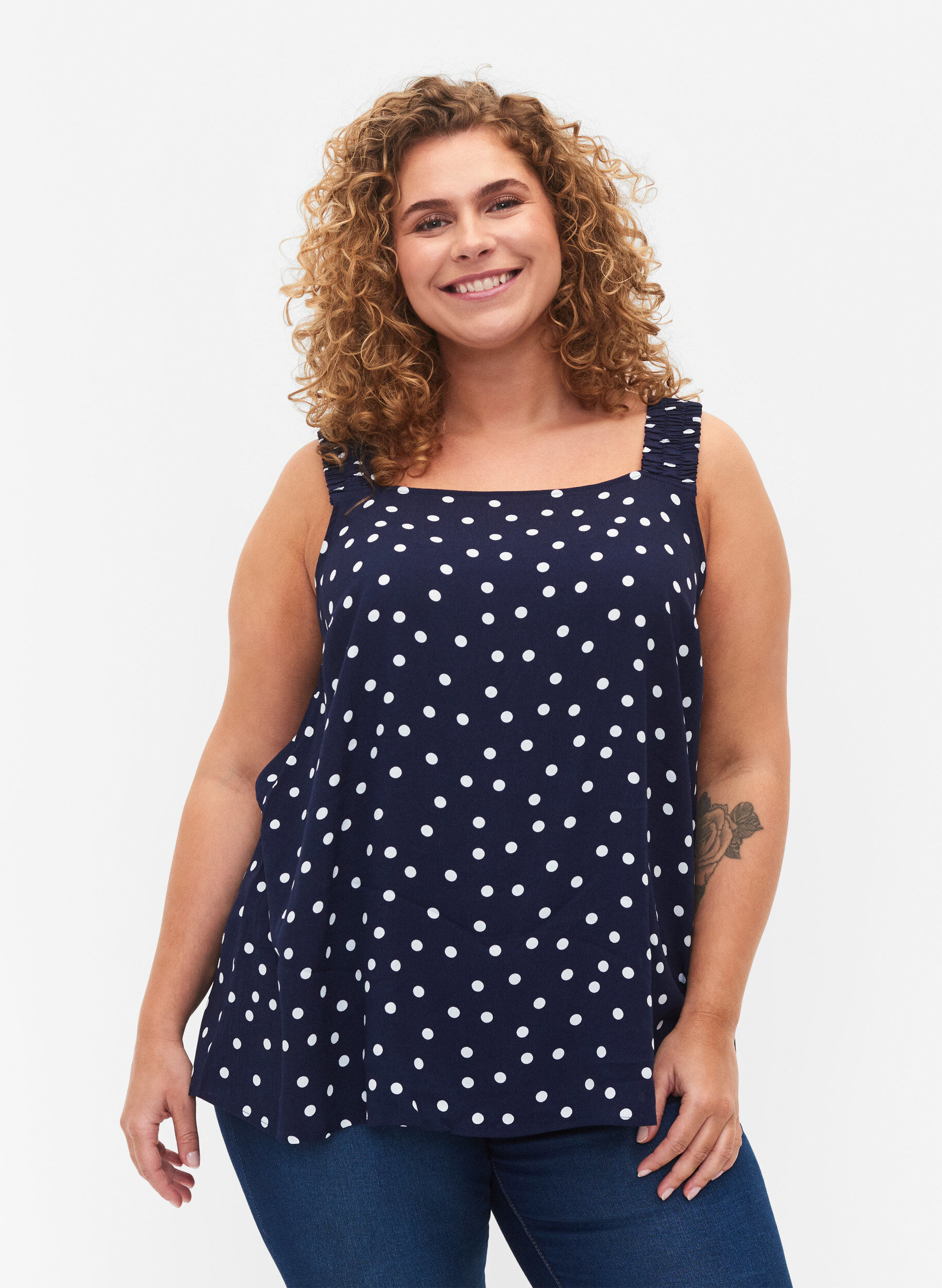 Zizzi Tryckt viskos a-linjeformad topp, Peacoat Dot, Model image number 0