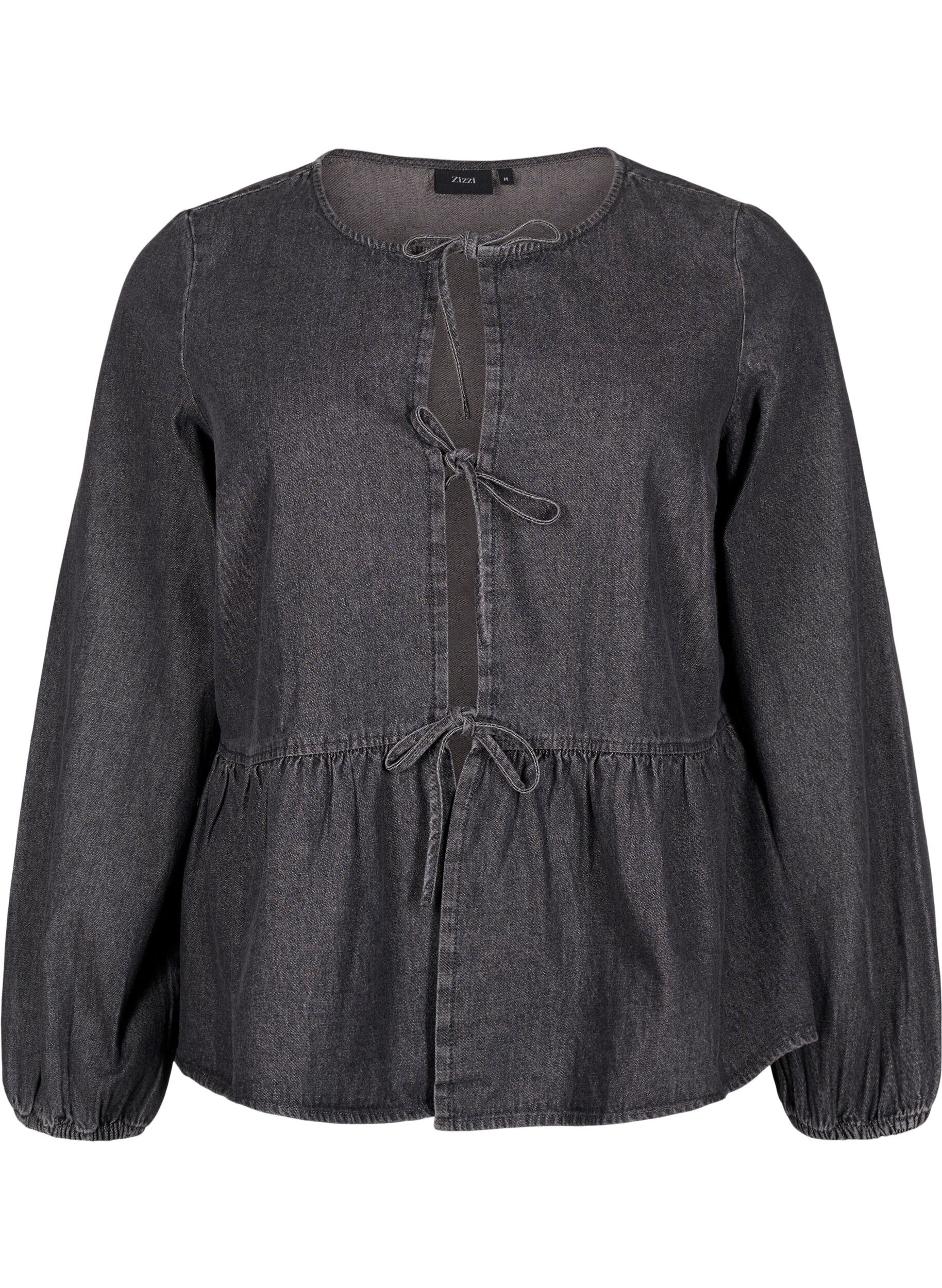Zizzi Peplum blus i denim med knytband, Gr&aring;, Packshot image number 0