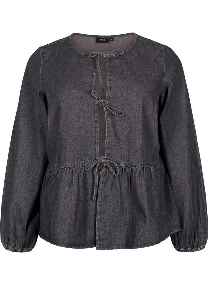 Peplum blus i denim med knytband, Grå, Packshot image number 0