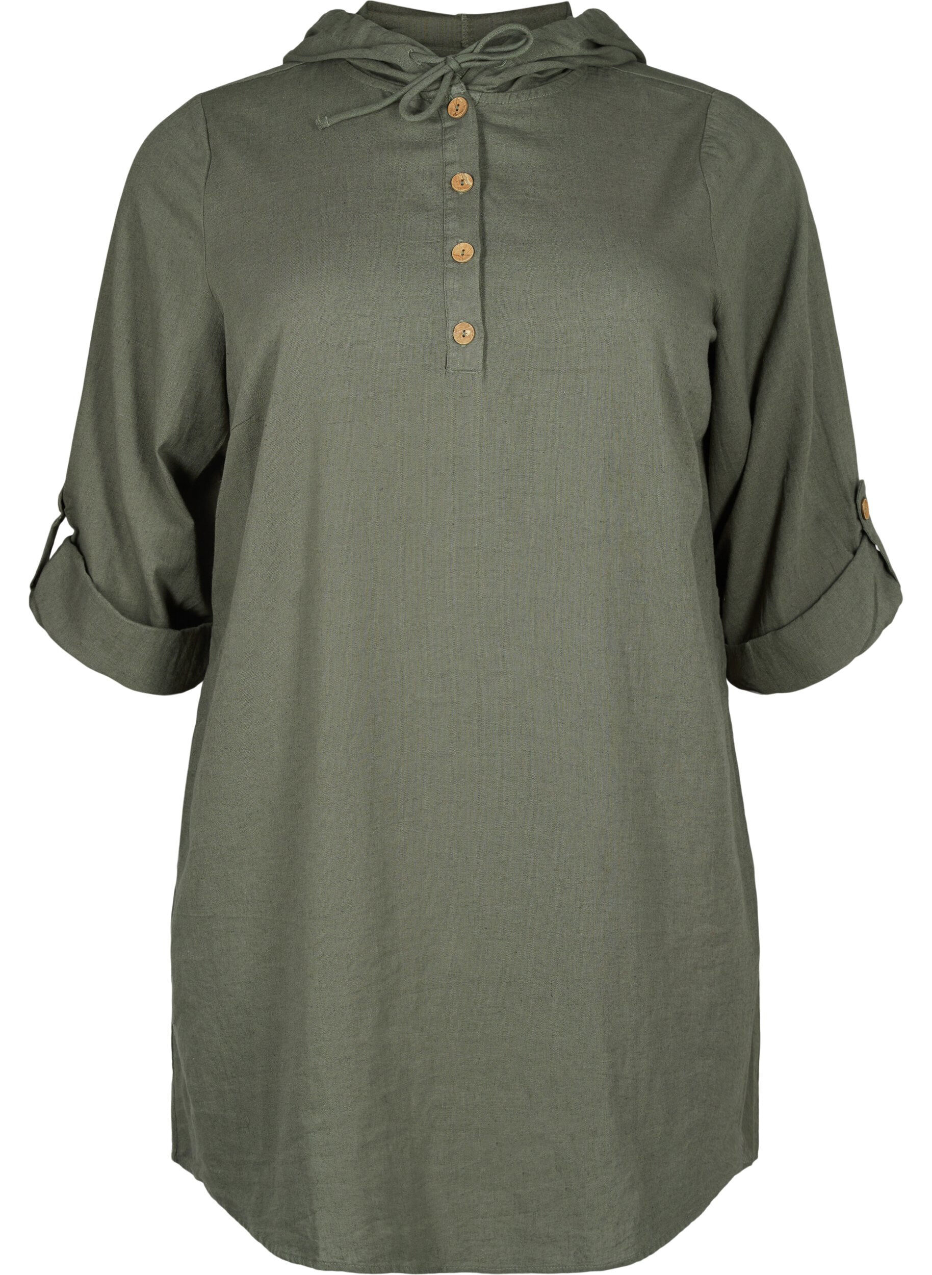 Zizzi Tunika med huva i bomull och linne, Thyme, Packshot image number 0