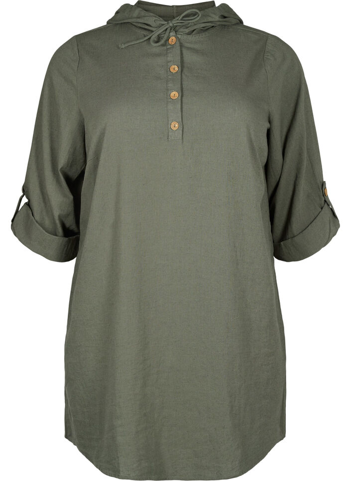 Tunika med huva i bomull och linne, Thyme, Packshot image number 0