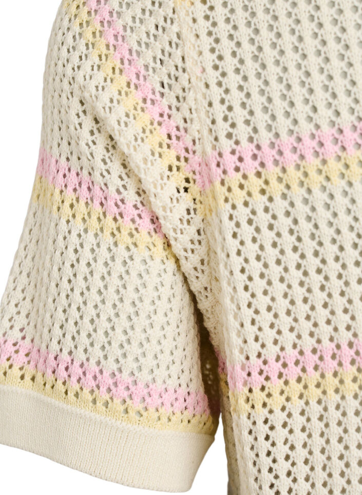 Stickad pik&eacute; med h&aring;lbrodyr och r&auml;nder, Vit, Packshot image number 3