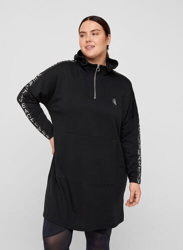 Klänning i sweatshirtmaterial med huva och stor ficka, Black, Model image number 0