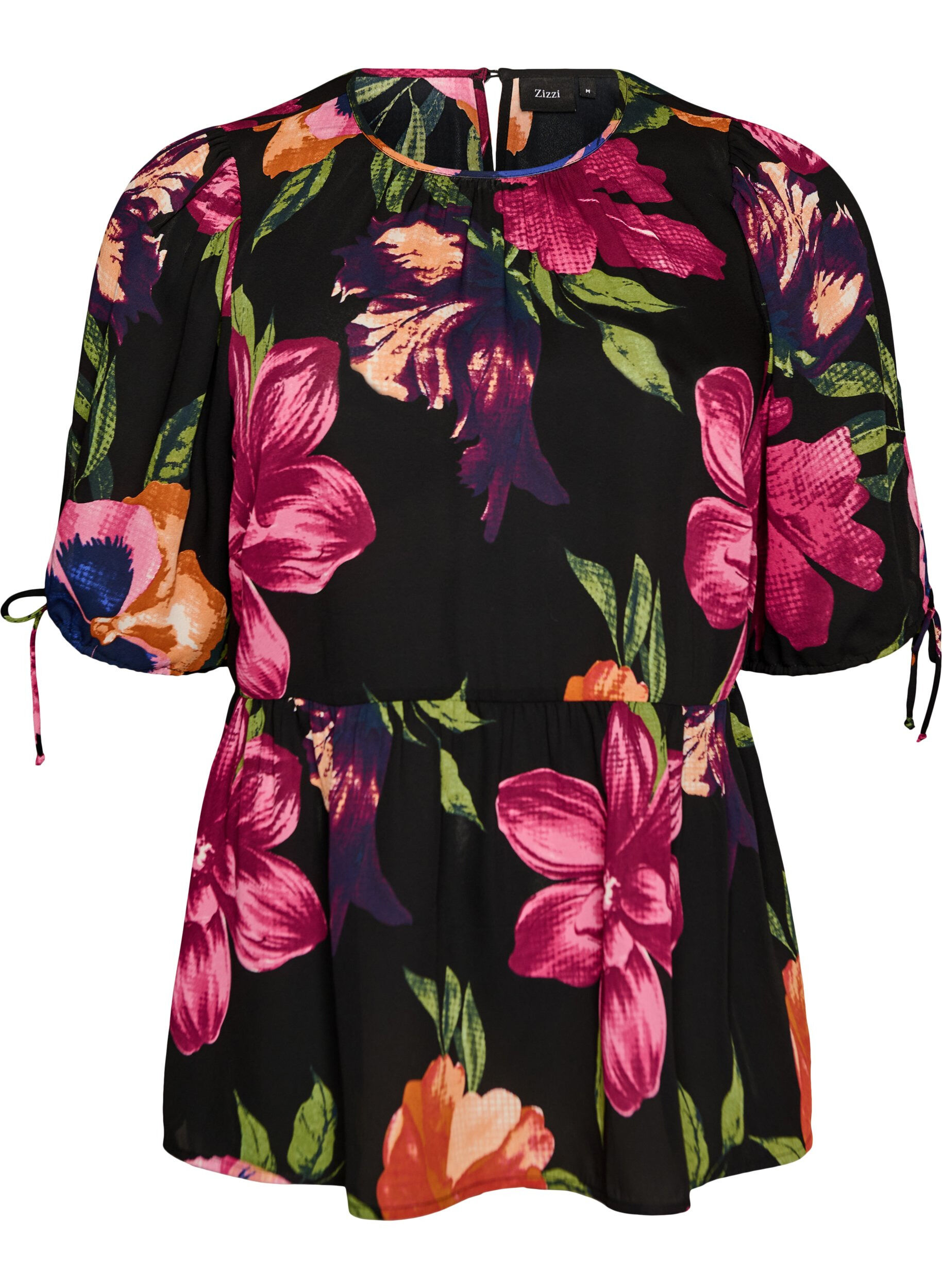 Zizzi Blus med blommigt m&ouml;nster och peplum, Svart, Packshot image number 0