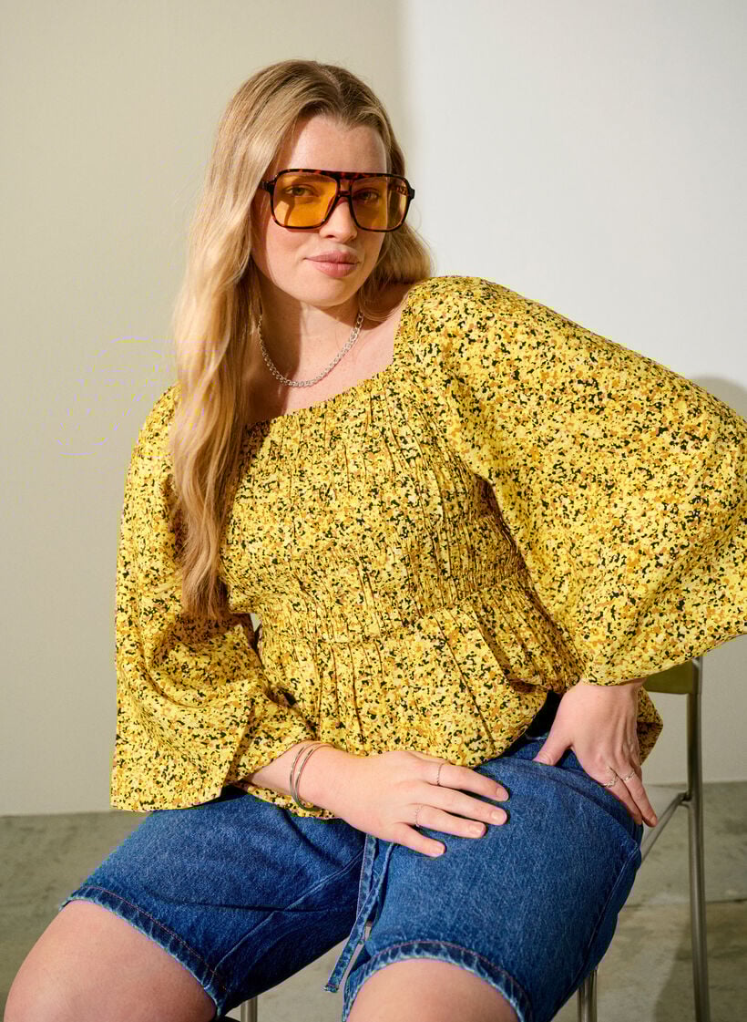 Blus med smock och fyrkantig ringning, Gul, Image image number 0