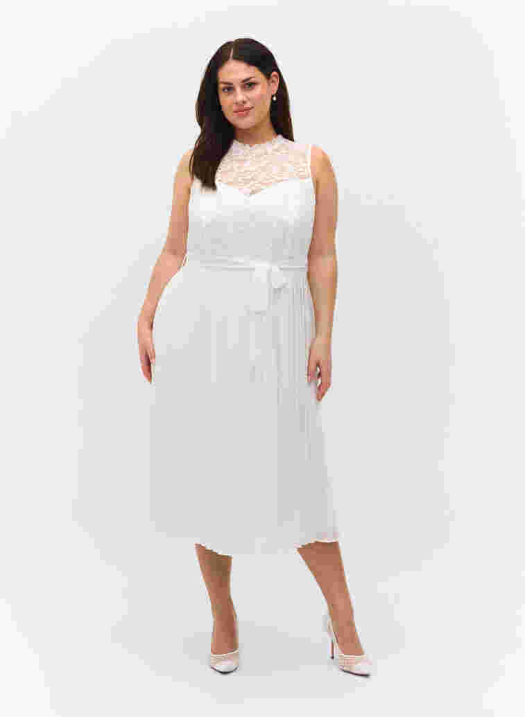 Ärmlös brudklänning med spets och plisserad kjol , Star White, Model image number 0