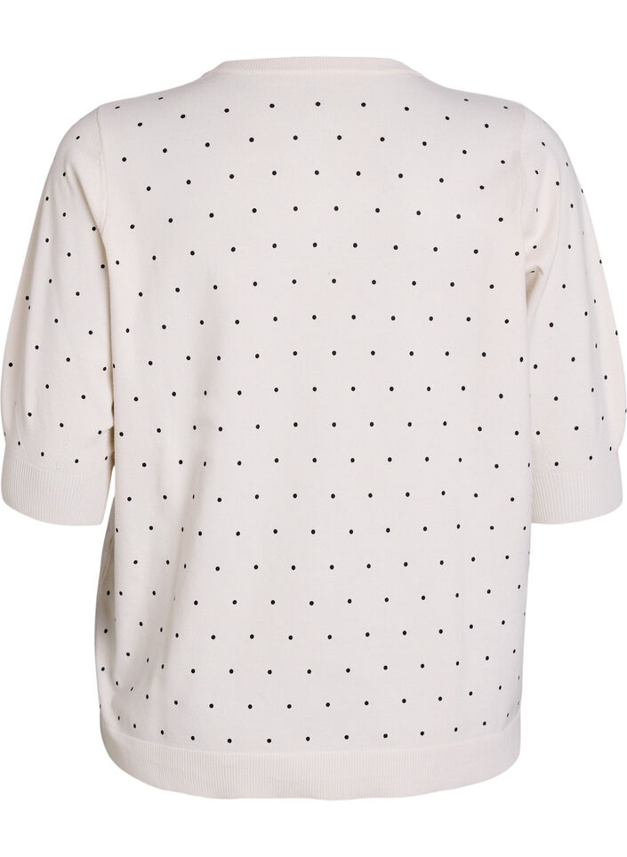 Stickad topp med prickigt m&ouml;nster och korta &auml;rmar, Vit, Packshot image number 1