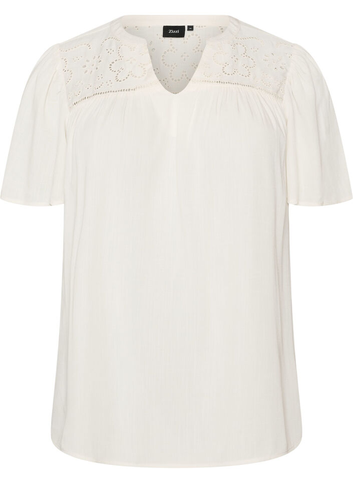 Blus i viskos med broderie anglaise, Beige, Packshot image number 0